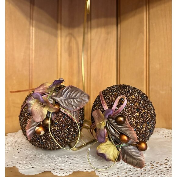 Set Of 2 Beaded Burgundy Purple Christmas Bulbs Balls Ornaments Silk Flower - Picture 4 of 5